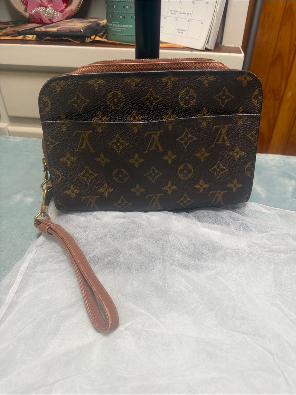 Monogram Print Wristlet Clutch in Brown